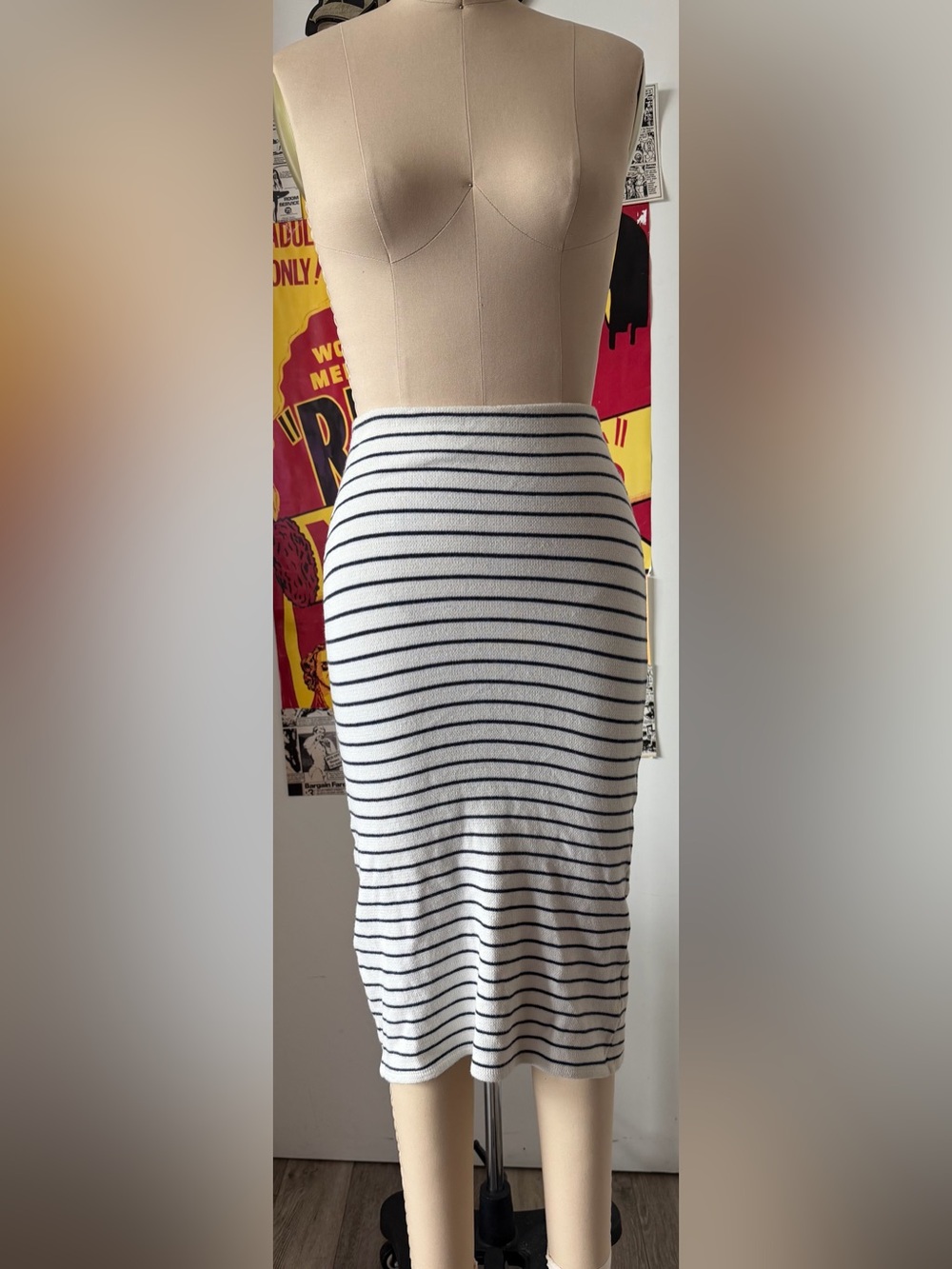 BDG White Knit Pencil Skirt with Navy Stripes